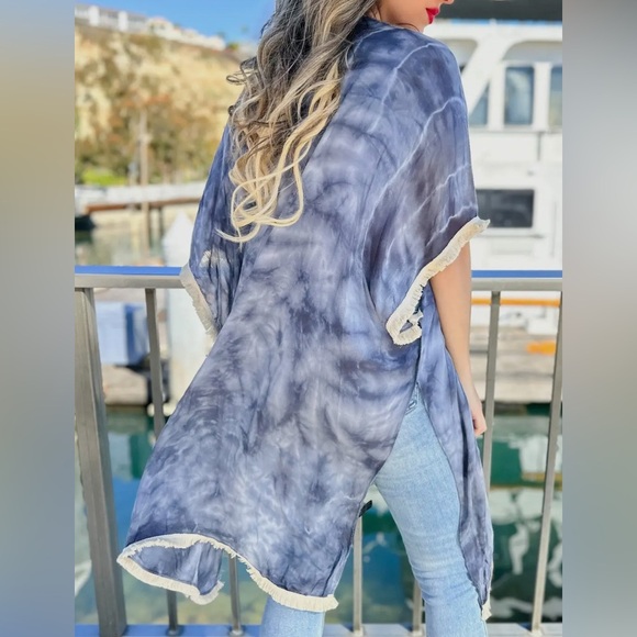Blue-Gray Tie-Dye Kimono Cardigan Fringe Trim - Picture 2 of 6